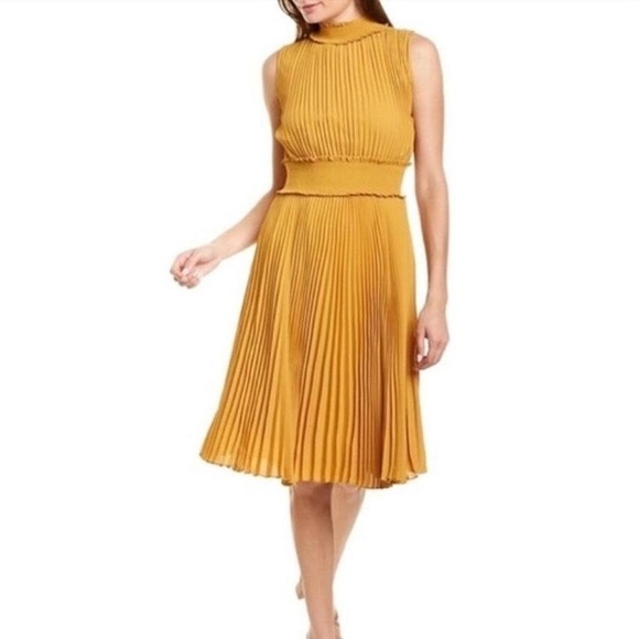 NANETTE LEPORE Pleated Smocked Dress NWT in colonel mustard | size 8 - Picture 7 of 7